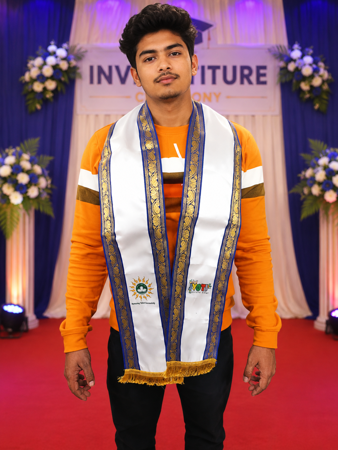Premium quality satin graduation stole Elegant white color with royal blue & gold border PO MOQ 10Ps