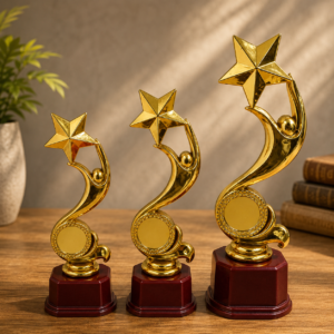 Premium Gold Star Achievement Trophy Set | Elegant Award Trophy with Wooden Base | Corporate, School & Sports Recognition Trophy PT49 CE 9.8 MOQ 10Ps