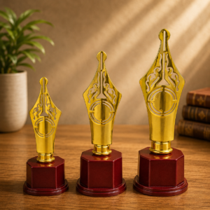 Premium Gold Pen Nib Trophy Set | Elegant Achievement Award with Wooden Base | Corporate, School & Literary Recognition Trophy PT56 PA 9.5 MOQ 10Ps