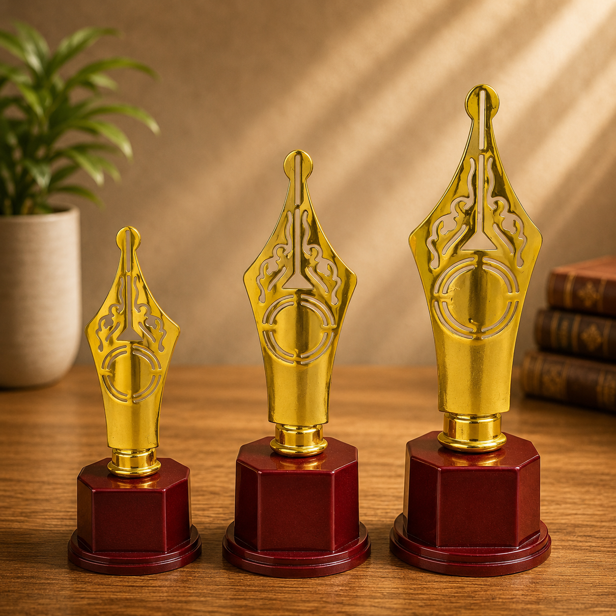 Premium Gold Pen Nib Trophy Set | Elegant Achievement Award with Wooden Base | Corporate, School & Literary Recognition Trophy PT56 PA 9.5 MOQ 10Ps