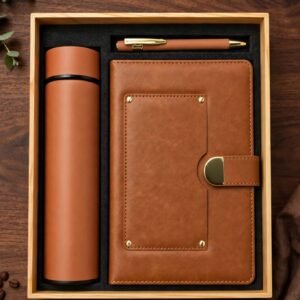 Model 307. Premium Brown 3-in-1 Diary, Pen & Bottle Corporate Gift Set. Code PDO. MOQ 10ps.