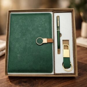 Model 308. Premium Green 3-in-1 Diary, Pen & Keychain Corporate Gift Set. Code TEO. MOQ 10ps.