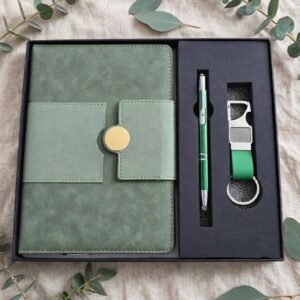 Model 312. Premium Green 3-in-1 Diary, Pen & Keychain Corporate Gift Set. Code TCO. MOQ 10ps