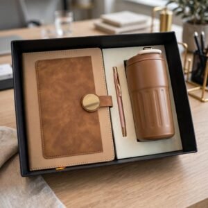 Model 317. Premium Brown 3-in-1 Diary, Pen & Travel Mug Corporate Gift Set. Code PCHO. MOQ 10ps.