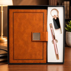 Model 319. Premium Tan Brown 3-in-1 Diary, Pen & Keychain Corporate Gift Set. Code TEO. MOQ 10ps.