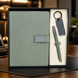 Model 320. Premium Sage Green 3-in-1 Diary, Pen & Keychain Corporate Gift Set. Code ECHE.