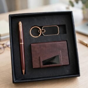Model 323. Premium Brown 3-in-1 Pen, Keychain & Card Holder Corporate Gift Set. Code DOO. MOQ 10ps.