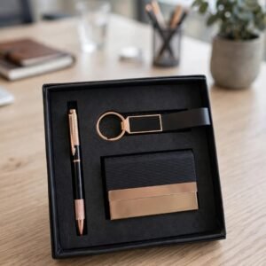 Model 324. Premium Black & Rose Gold 3-in-1 Pen, Keychain & Card Holder Corporate Gift Set. Code DOO. MOQ 10ps.
