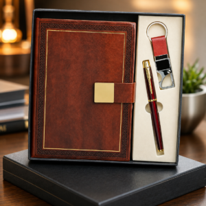 Model 325. Premium Brown 3-in-1 Diary, Pen & Keychain Corporate Gift Set. Code TEO. MOQ 10ps.