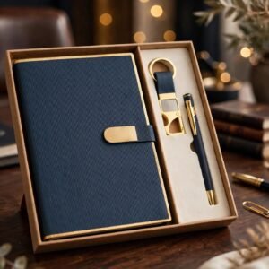 Model 327. Premium Navy Blue 3-in-1 Diary, Pen & Keychain Corporate Gift Set. Code TCO. MOQ 10ps.