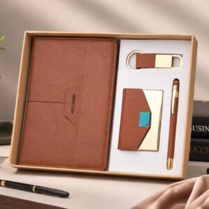 Model 407. Premium Brown 4-in-1 Diary, Pen, Keychain & Card Holder Corporate Gift Set. Code CCO. MOQ10ps.