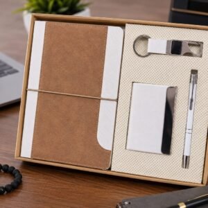 Model 412. Premium Beige & White 4-in-1 Diary, Pen, Keychain & Card Holder Corporate Gift Set. Code CCO. MOQ 10ps.
