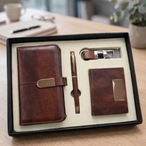 Model 424.Premium Brown 4-in-1 A6 Notebook, Pen, Keychain & Card Holder Corporate Gift Set. Code CCO. MOQ 10ps.