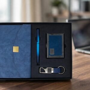 Model 427. Premium Blue 4-in-1 Diary, Pen, Keychain & Card Holder Corporate Gift Set. Code CCO. MOQ 10ps.