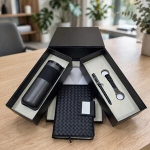 Model 429. Premium Black 4-in-1 Diary, Pen, Keychain & Bottle Corporate Gift Set. Code ACCO. MOQ 10ps.