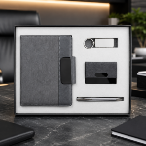Model 433. Premium Grey 4-in-1 Diary, Pen, Keychain & Card Holder Corporate Gift Set. Code COO. MOQ 10ps