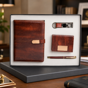 Model 434. Premium Brown 4-in-1 Diary, Pen, Keychain & Card Holder Corporate Gift Set. Code CCO. MOQ 10ps.