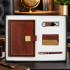 Model 435. Premium Brown 4-in-1 Diary, Pen, Keychain & Card Holder Corporate Gift Set. Code CCO. MOQ 10ps.