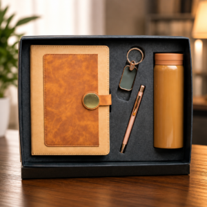 Model 436. Premium Tan Brown 4-in-1 Diary, Pen, Keychain & Bottle Corporate Gift Set. Code PCHO. MOQ 10ps.