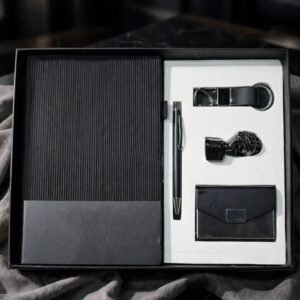 Model 502. Premium Executive Size 5-in-1 Corporate Gift Set with Diary, Pen, Keychain, Card Holder & Desk Accessory – Black.  Code. NCHO. MOQ 10ps.