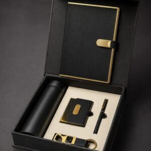 Model 503. Premium 5-in-1 Corporate Gift Set with Diary, Bottle, Pen, Card Holder & Keychain – Black & Gold. Code CHCO. MOQ 10ps.