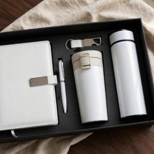 Model 504. Premium White 5-in-1 Corporate Gift Set with Diary, Pen, Keychain, Travel Mug & Bottle, Code NCHO. MOQ 10ps.