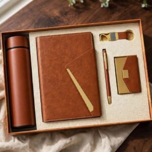Model 505. Premium Brown 5-in-1 Corporate Gift Set with Diary, Bottle, Pen, Keychain & Card Holder. Code EOO. MOQ 10ps.