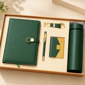 Model 506. Premium Green 5-in-1 Corporate Gift Set with Diary, Bottle, Pen, Keychain & Card Holder. Code SCHO. MOQ 10ps.