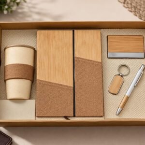 Model 507. Premium Eco-Friendly 5-in-1 Corporate Gift Set with Bamboo Diary, Travel Mug, Pen, Keychain & Card Holder. Code SCHO. MOQ 10ps.