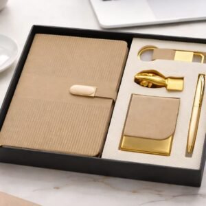 Model 508. Premium Beige & Gold 5-in-1 Corporate Gift Set with Diary, Pen, Keychain, Card Holder & Executive Accessory. Code SCHO.  MOQ 10ps.