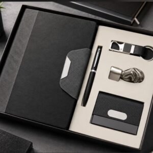 Model 509. Premium Black & Silver 5-in-1 Corporate Gift Set with Diary, Pen, Keychain, Card Holder & Desk Accessory. Code SCHO. MOQ 10ps.