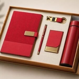 Model 511. Premium Red 5-in-1 Corporate Gift Set with Diary, Bottle, Pen, Keychain & Card Holder. Code SCHO. MOQ 10ps.