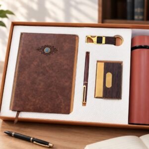 Model 512. Premium Brown 5-in-1 Corporate Gift Set with Diary, Bottle, Pen, Keychain & Card Holder. Code SCHO. MOQ 10ps.