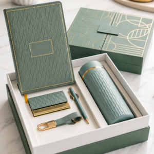 Model 513/514. Premium Sage Green 5-in-1 Corporate Gift Set with Diary, Bottle, Pen, Keychain & Card Holder. Code ADOO. MOQ 10ps.