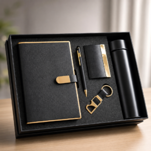 Model 515. Premium Black & Gold 5-in-1 Corporate Gift Set with Diary, Bottle, Pen, Keychain & Card Holder. Code EOO. MOQ 10ps.