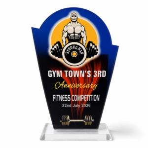 Customized Gym & Fitness Competition Trophy | Personalized Acrylic Memento Award with Name, Logo & Event Details.  Thikness 5mm. Size 16.5x9x3cm.   Code ATO. MOQ 5Ps.