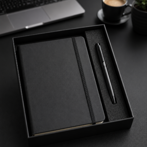 Model GS 203. Premium 2 in 1 gift set with notebook and pen in a stylish box, perfect for corporate gifting and daily office use.  Code AAD. MOQ 10ps.