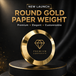 Premium Round Gold Metal Paper Weight – Customizable Corporate Desk Gift. Code AOA(ES) . MOQ 10ps.