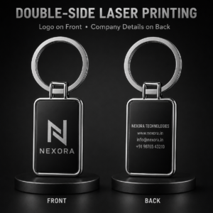 Premium Rectangular Metal Key Ring – Double-Side Laser Printing. Code AE. MOQ 50ps.