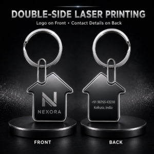 Premium Home-Shape Metal Key Ring – Double-Side Laser Printing. Code AE. MOQ 50ps.