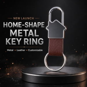 Premium Home-Shape Metal Key Ring with Leather Strap – Customizable Corporate Keychain. Code CO. MOQ 50ps.