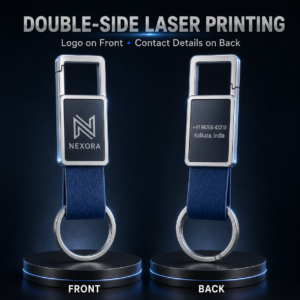 Premium Double-Side Laser Printed Metal Key Ring with Blue Leather Strap. Code CO. MOQ 50ps.