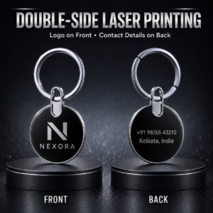 Premium Double-Side Laser Printed Metal Key Ring – Custom Logo & Contact Details. Code AE. MOQ 50ps.