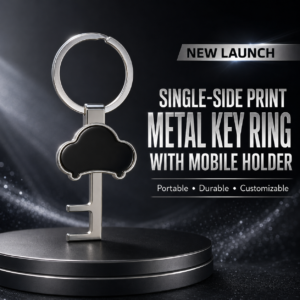 Premium Metal Key Ring with Mobile Holder – Single Side Custom Print, Code DP. MOQ 50ps.
