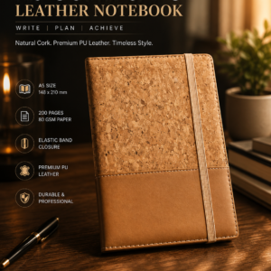 Premium A5 Cork & PU Leather Notebook with Elastic Band Closure | 200 Pages, 80 GSM Paper | 100 Years Calendar, Monthly Planner, Graph & Perforated Square Pages. Code EE. MOQ 20ps.