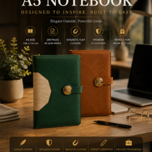 Premium A5 PU Leather Notebook with Magnetic Lock | 192 Pages, 80 GSM Paper | 100 Years Calendar, Monthly Planner, Graph & Perforated Pages. Code AAP. MOQ 10ps.