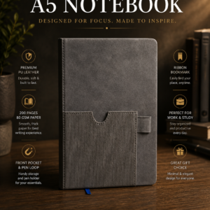 Premium A5 PU Leather Notebook with | 192 Pages, 80 GSM Paper | 100 Years Calendar, Monthly Planner, Graph & Perforated Pages. Code EO. MOQ 10ps.