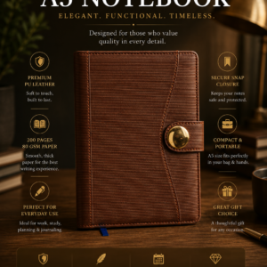 Premium A5 PU Leather Notebook with Magnetic Lock | 192 Pages, 80 GSM Paper | 100 Years Calendar, Monthly Planner, Graph & Perforated Pages. Code AOO. MOQ 10ps