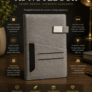 Premium A5 Notebook with Secure Clasp, Front Pocket & Card Slots | 200 Pages, 80 GSM Paper | 100 Years Calendar, Monthly Planner, Graph & Perforated Square Pages. Code ADP. MOQ 10ps.