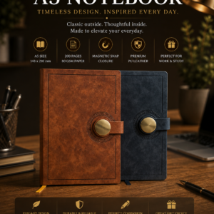 Imported Premium A5 PU Leather Notebook with Magnetic Lock | 200 Pages, 80 GSM Paper | 100 Years Calendar, Monthly Planner, Graph & Perforated Square Pages. Code APO. MOQ 10ps.